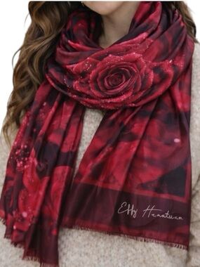 Effy Hemation Pink Dew Drop Rose Satin Scarf Floral Statement Wrap Romantic XL
